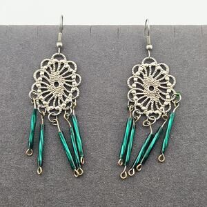 Silver Tone Emerald Green Bead Chandelier Earrings  Dangle Drop Whimsical Fairy